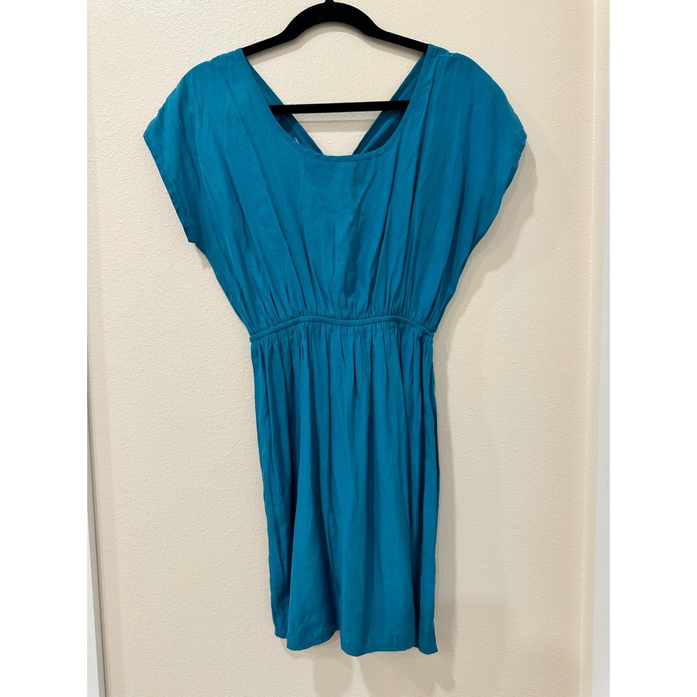 San Joy Teal Blue Twist Knot Back Cutout Elastic Waist Cap Sleeve Mini Dress Sm
